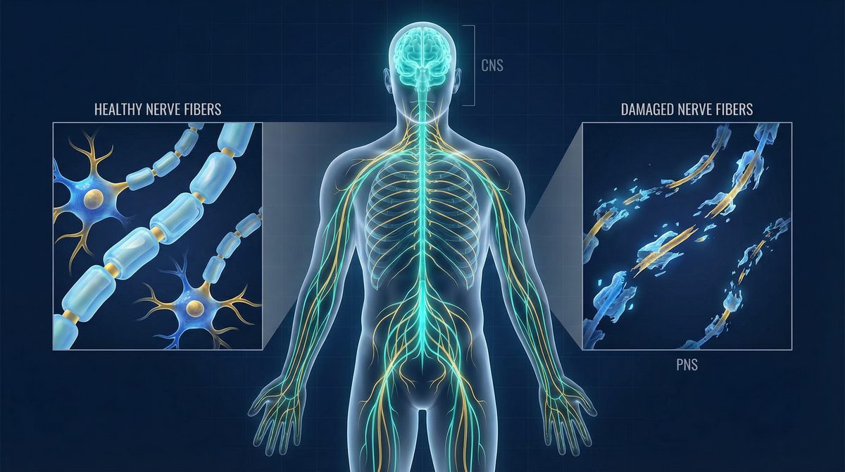 Illustration of the peripheral nervous system showing healthy and damaged nerve fibers