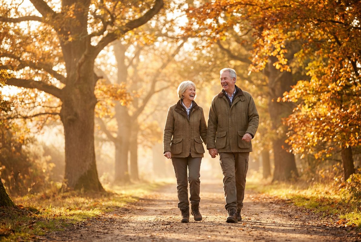 Couple enjoying a peaceful walk in nature, representing overall wellness and an active lifestyle